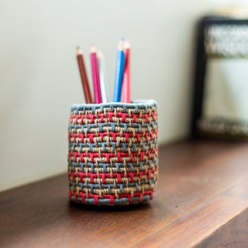 Handwoven Pen Stand - Pink Grey