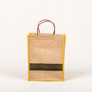 Jute Gift Bags - Border Black Zari Yellow Sides