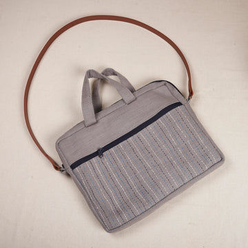 Laptop Bag - Grey Slub with Kantha/Sujha