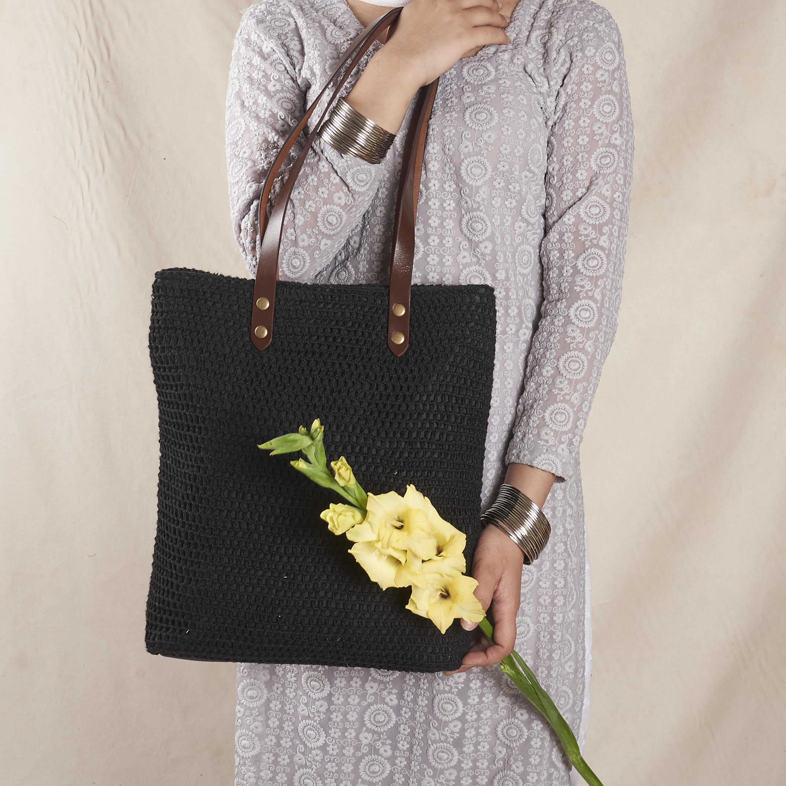 Crochet Black Tote Bag