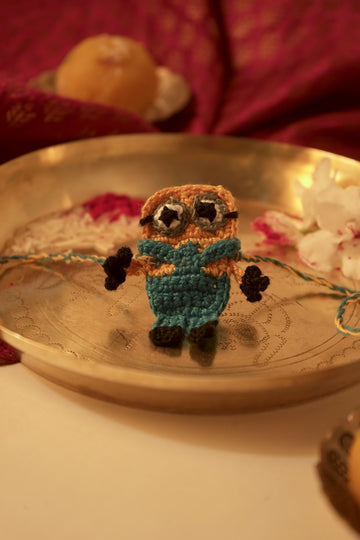 Happy Minion Crochet Rakhi with Personalized Greeting Card