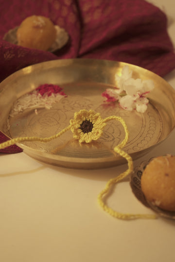 Sunflower Bloom Crochet Rakhi with Personalized Greeting Card