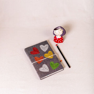 Embroidered Diary - Grey with Hearts
