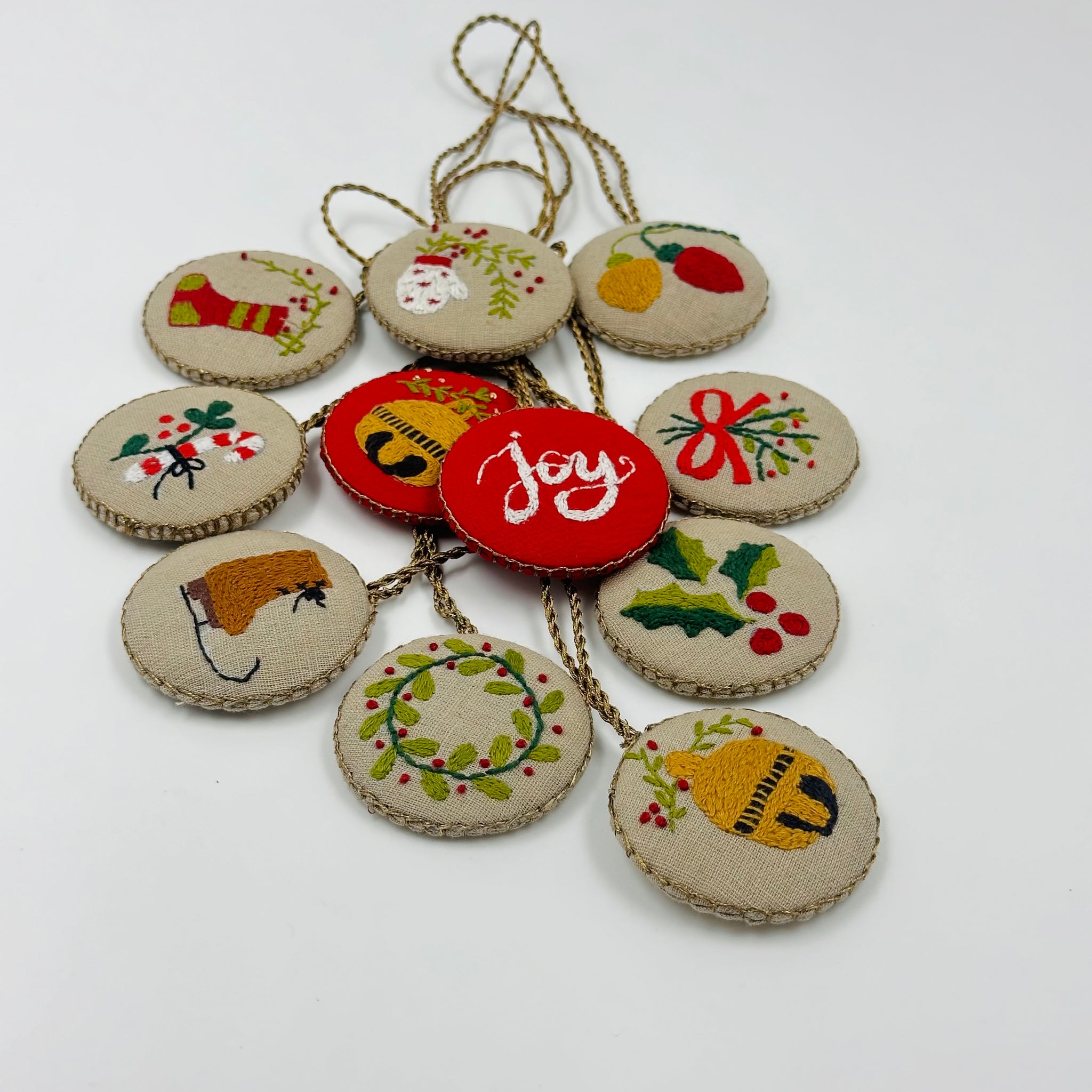 Golden Stitches - Hand-Embroidered Christmas Ornaments