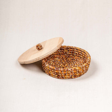 Handwoven Storage Basket with Wooden Lid - Yellow