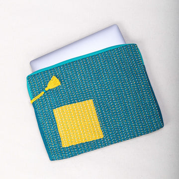 Horizontal Laptop Sleeve - Blue Kantha with Yellow Splash