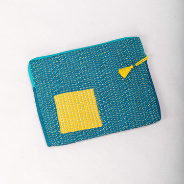 Horizontal Laptop Sleeve - Blue Kantha with Yellow Splash