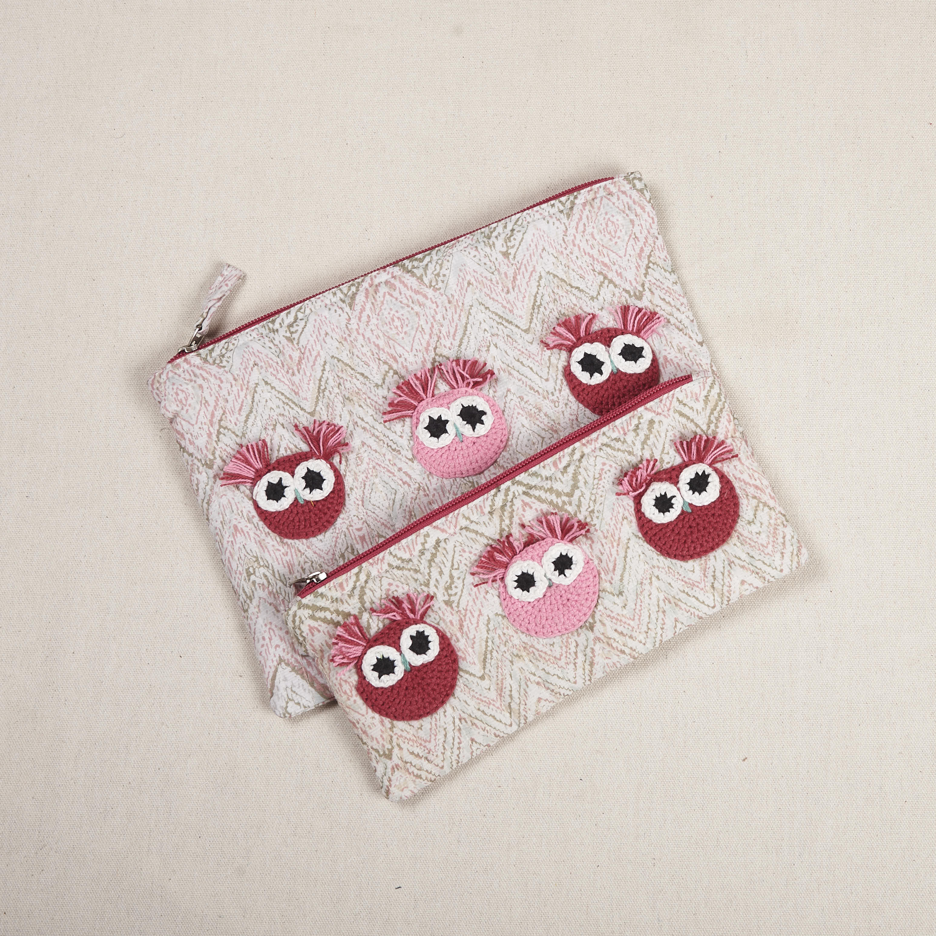 Owl Pouch Red Pink Crochet