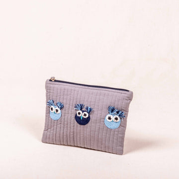 Owl Pouch - Grey & Blue Crochet