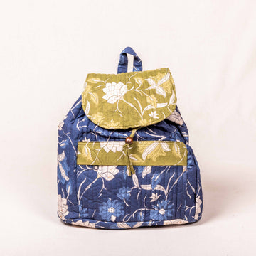 Rizu Backpack - Blue and Green Leafy Fabric