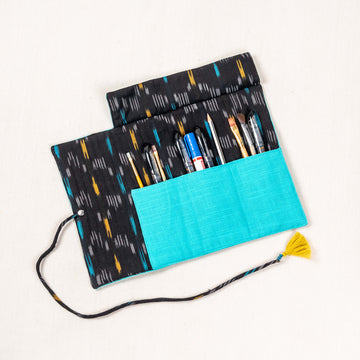 Pencil/Brush Roll - Blue and Ikat