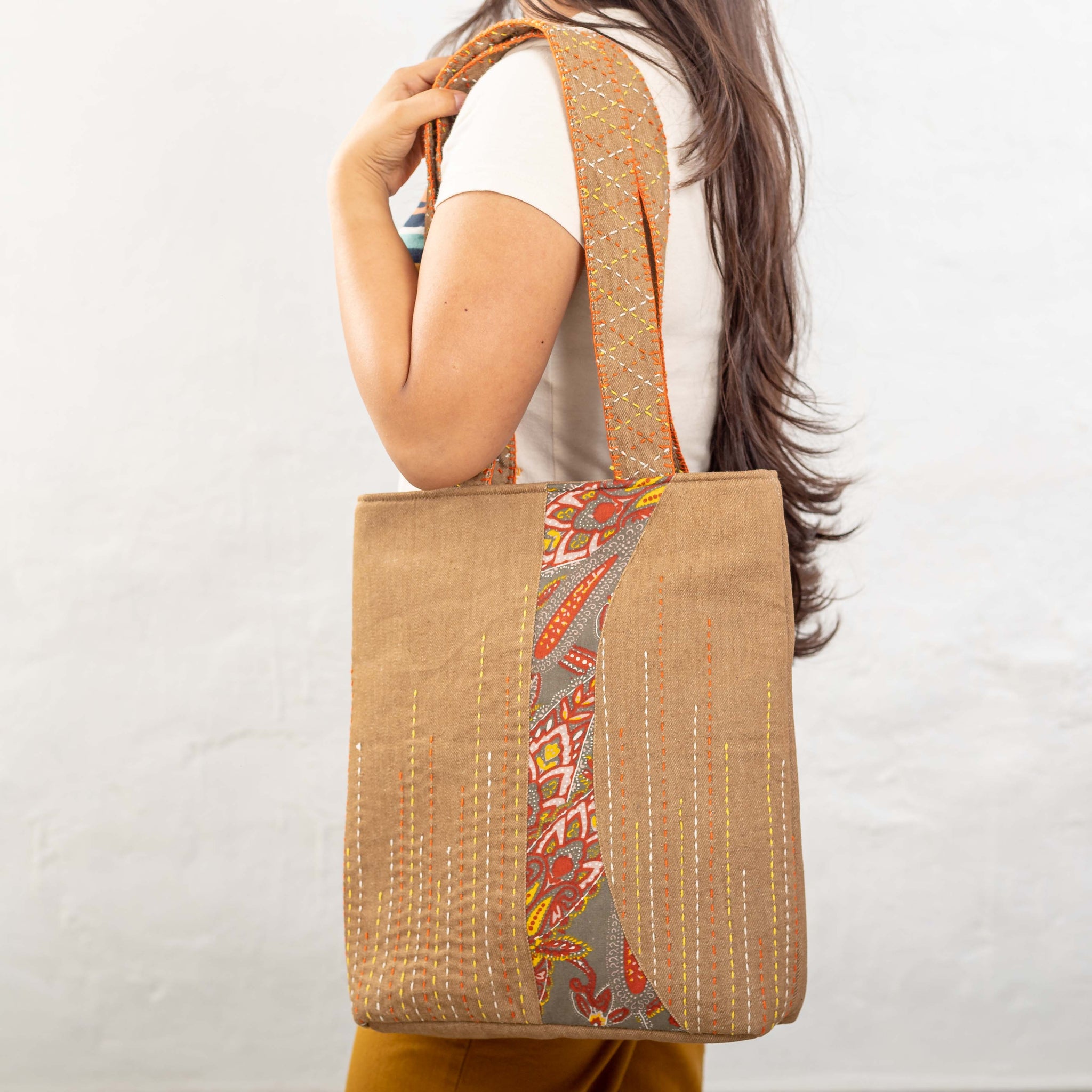 Vibrant Kantha Tote with Fabric Kantha Strap - Beige Denim