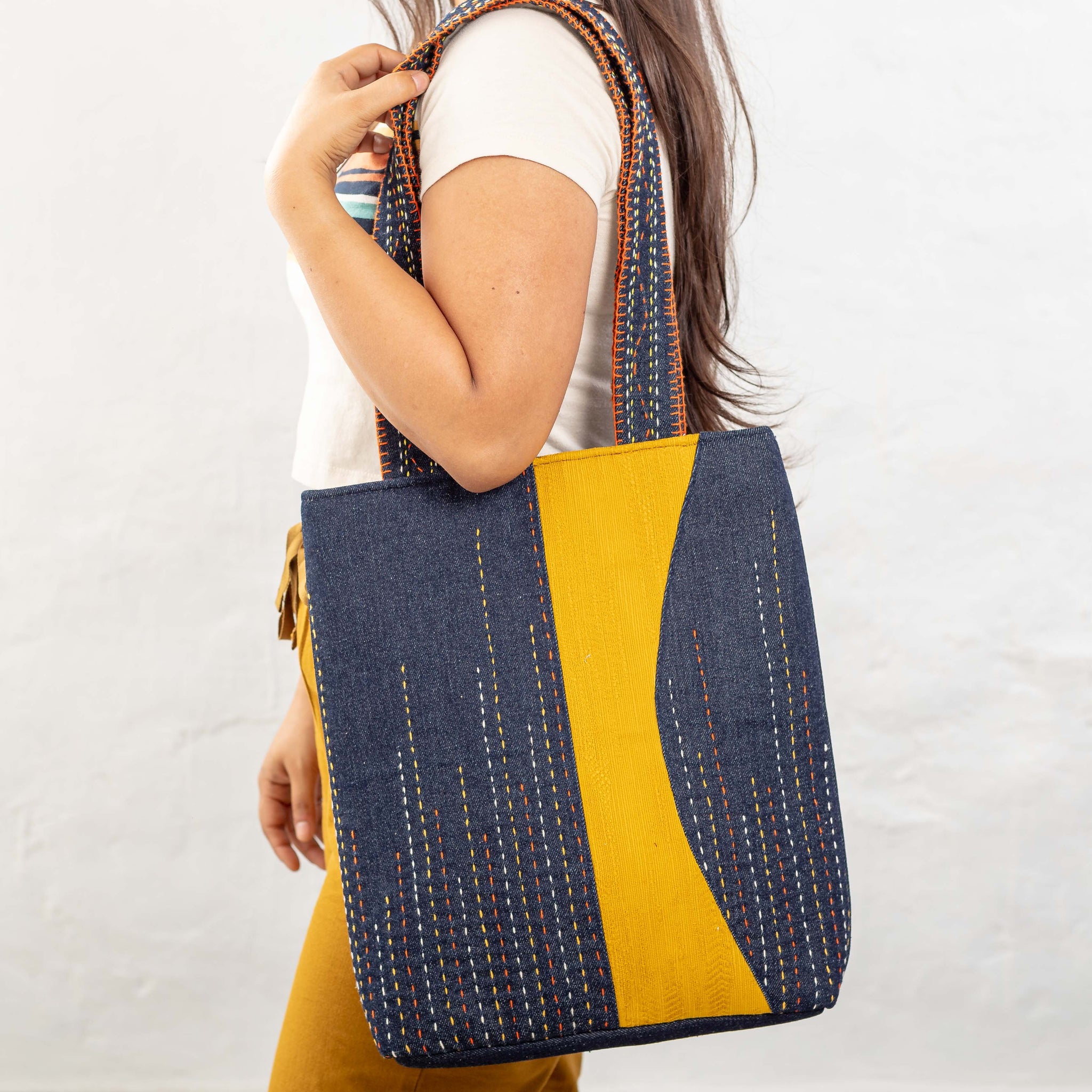 Vibrant Kantha Tote with Fabric Kantha Strap - Blue Denim