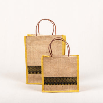 Jute Gift Bags - Border Black Zari Yellow Sides