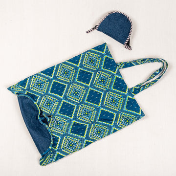 Foldable Grocery Bag - Denim with Blue/Green