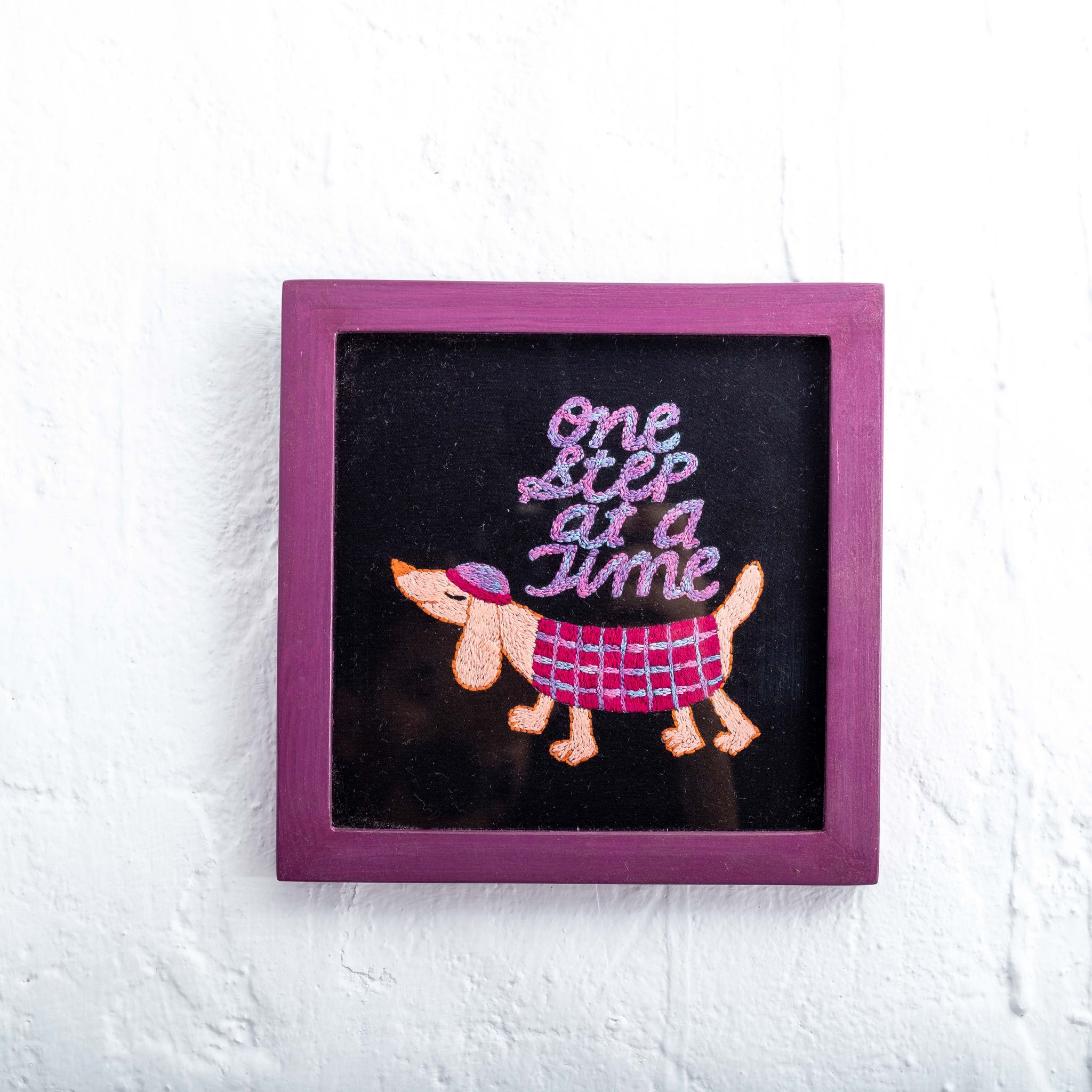 Wall Frame: Handcrafted Dog Embroidery - "One Step at a Time"