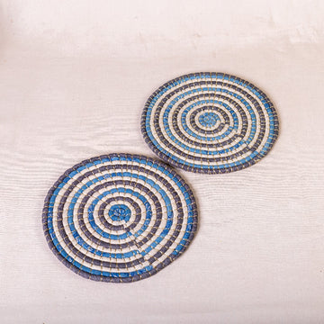 Handwoven Placemats 12 inches(Set of 2) - Concentric Circles - Blue