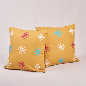 Cushion Cover (Slub) - Yellow Phulkari (pair of 2)