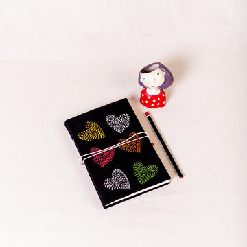 Embroidered Diary - Black with Hearts