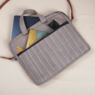 Laptop Bag - Grey Slub with Kantha/Sujha